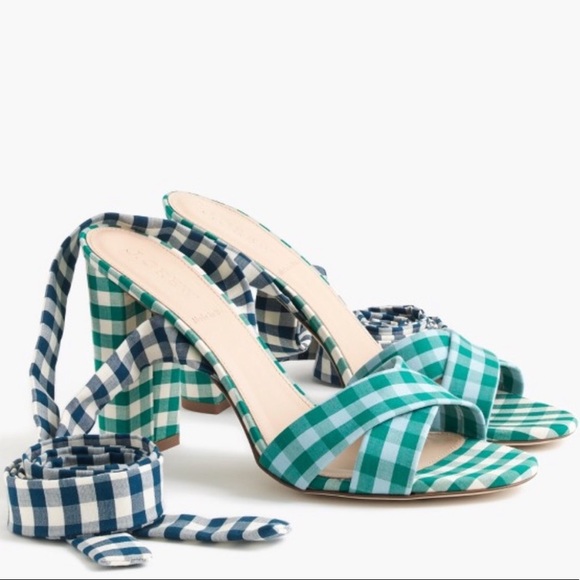 J. Crew Mixed Gingham Sandals w Ankle Wrap Sz 7.5 - Picture 1 of 7